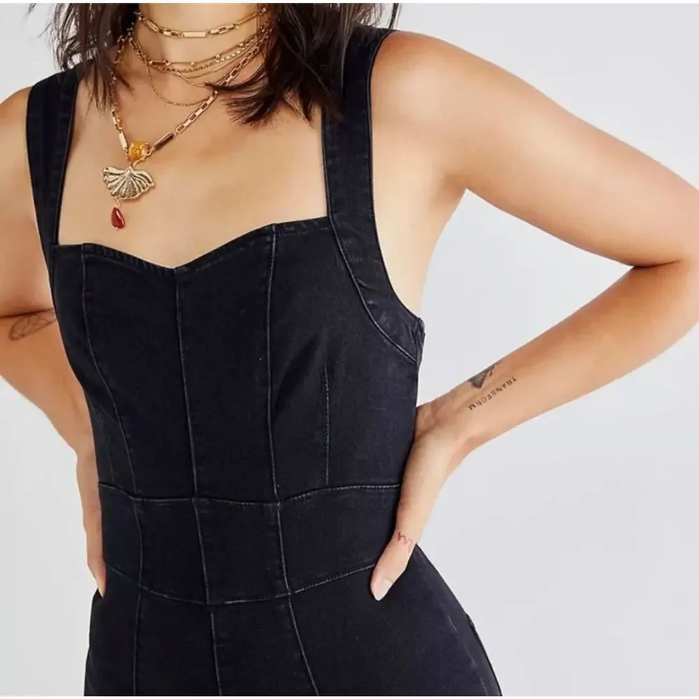 Free People Light My Fire Denim Jumpsuit Size S